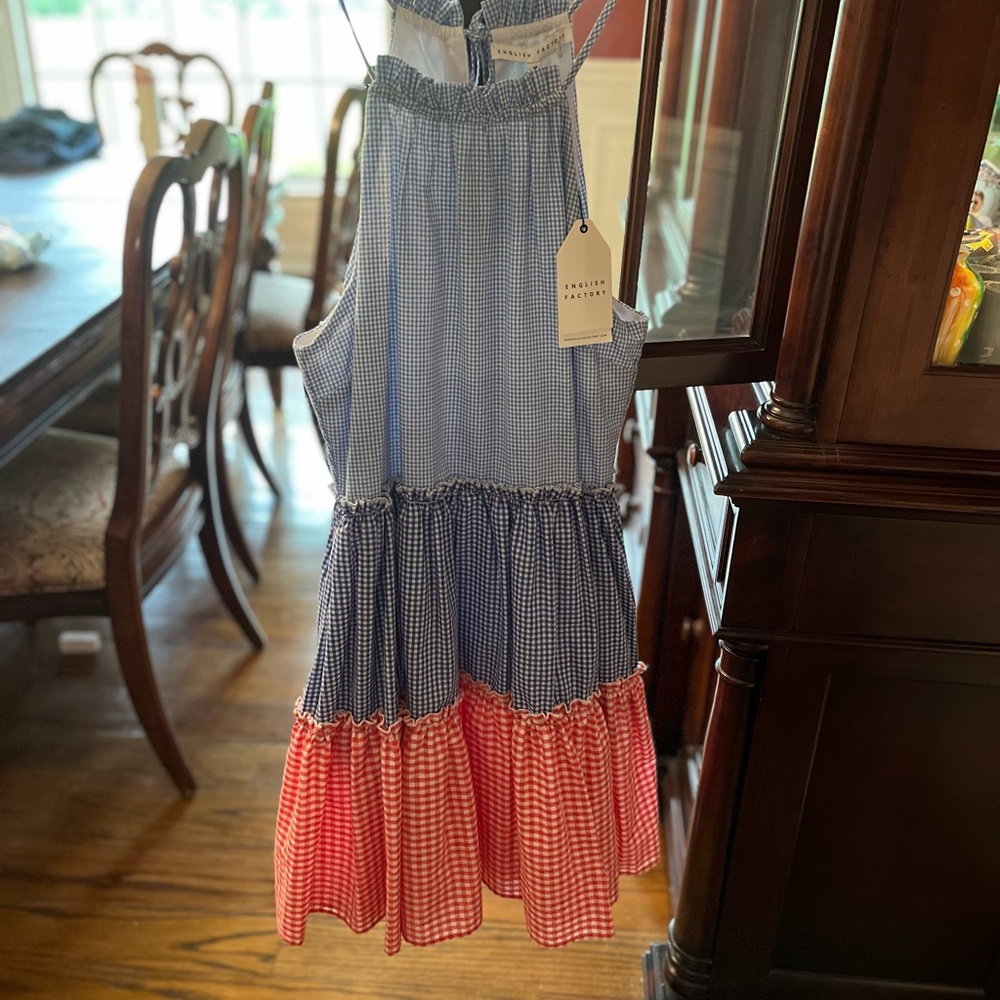 English Factory Tiered Ruffled Midi Dress in Blue and Red